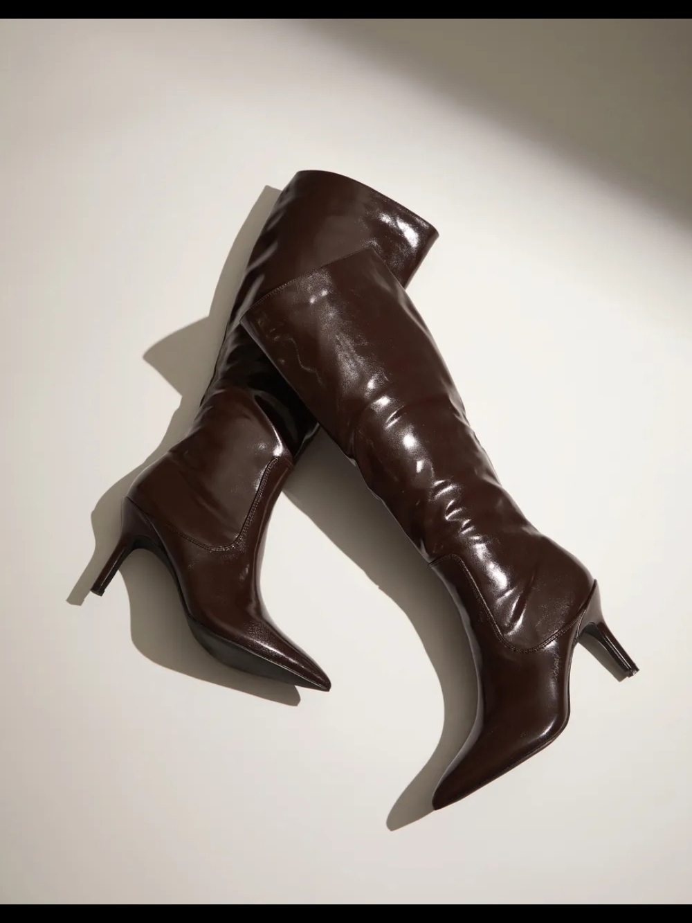 Classic Brown Knee-High Pointed-Toe Heeled Boots - Picture 13 of 14